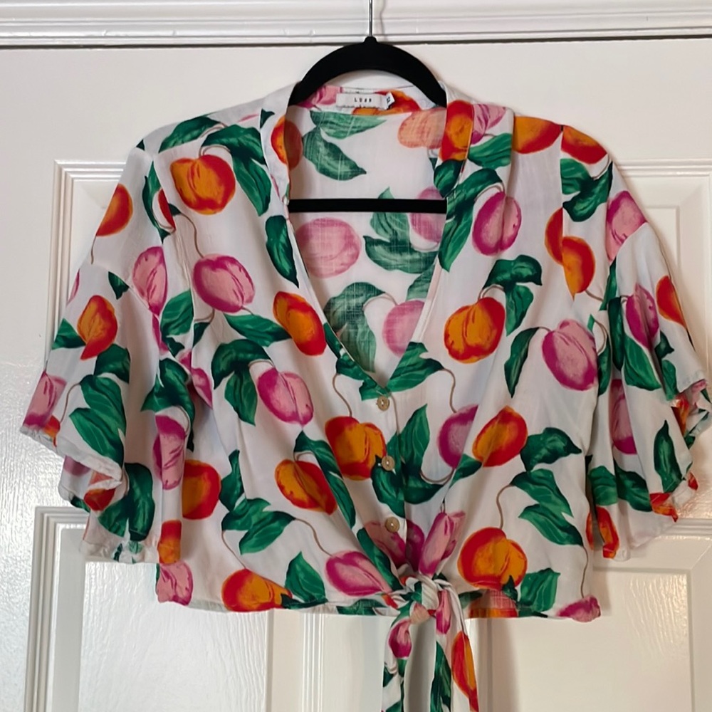 Lush White Tie-Front Crop Top with Pink & Orange Fruit Print